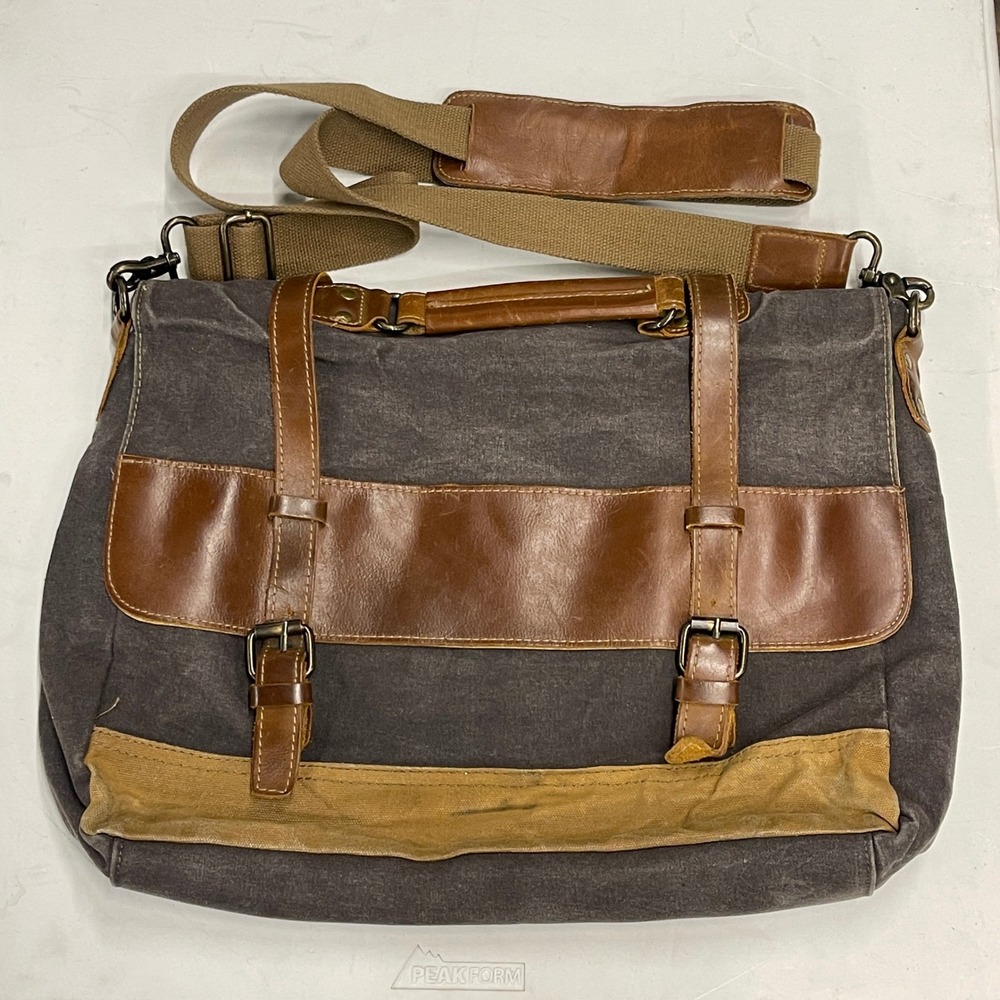 NEWHEY Messenger Bag Canvas Leather Trim Grey Large Laptop Satchel Work Travel